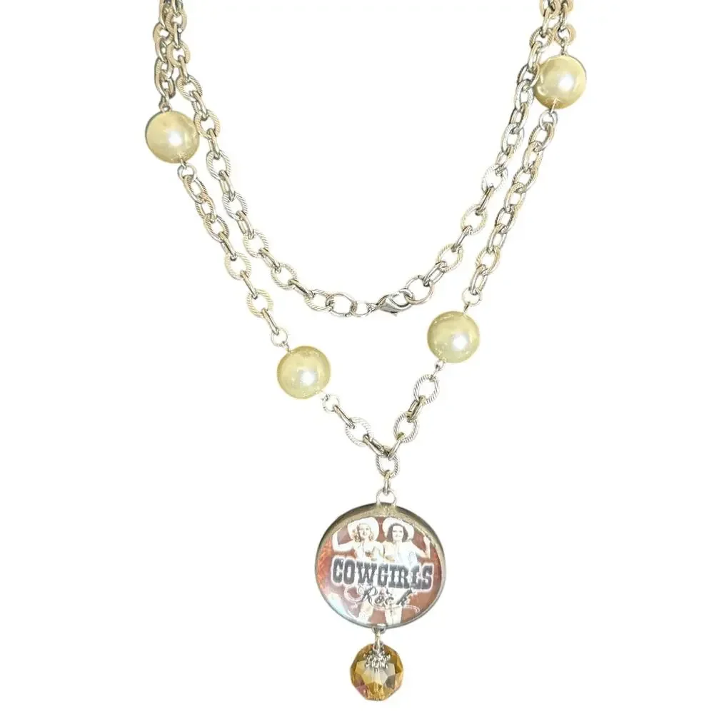 Cowgirls Rock Reversible Necklace Horse Pin Up Western Rodeo Pearl Statement